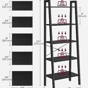 VASAGLE Ladder Shelf, 5-Tier Bookshelf, Storage Rack, Bookcase with Steel Frame, for Living Room Home Office, Kitchen, Bedroom, Industrial Style, Ebony Black + Black