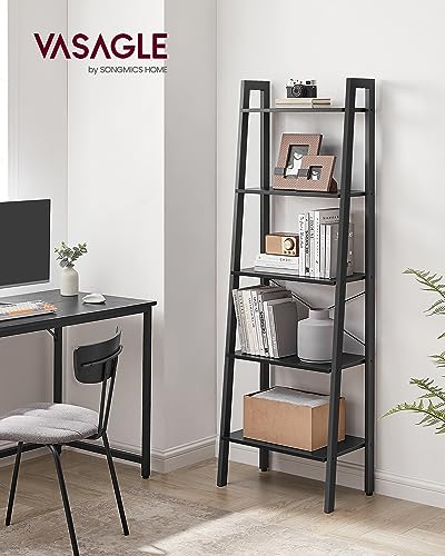 VASAGLE Ladder Shelf, 5-Tier Bookshelf, Storage Rack, Bookcase with Steel Frame, for Living Room Home Office, Kitchen, Bedroom, Industrial Style, Ebony Black + Black