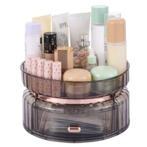cq acrylic 360 rotating makeup organizer for vanity,bathroom countertop organizer spinning organizer with drawer,large capacity cosmetics storage box skin care organizers for bedroom vanity desk,grey