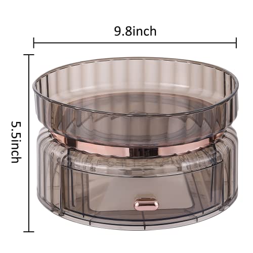 Cq acrylic 360 Rotating Makeup Organizer for Vanity,Bathroom Countertop Organizer Spinning Organizer with Drawer,Large Capacity Cosmetics Storage Box Skin Care Organizers for Bedroom Vanity Desk,Grey