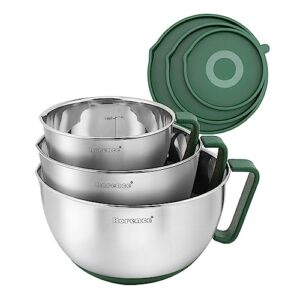 rorence mixing bowls set: stainless steel non-slip bowls with pour spout, handle and lid - set of 3 - green