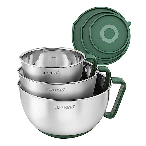 Rorence Mixing Bowls Set: Stainless Steel Non-Slip Bowls with Pour Spout, Handle and Lid - Set of 3 - Green