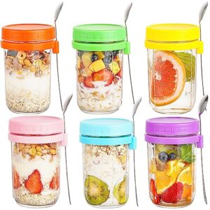 wookgreat overnight oats jars, overnight oats container with leakproof lid and spoon set of 6, 16 oz glass mason jars, large capacity wide mouth jars with measure marks for cereal milkshake meal prep