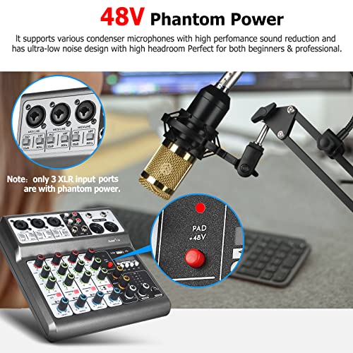 Aveek Professional Audio Mixer, Sound Board Mixing Console with 5 Channel Digital USB Bluetooth Reverb Delay Effect, Input 48V Phantom Power Stereo DJ Mixers for Recording, Live Streaming, Podcasting