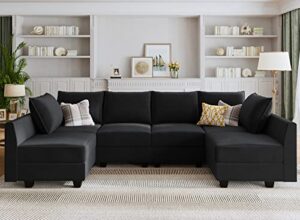 honbay convertible sectional sofa velvet u shaped couch with reversible chaise modular sectional couch 6 seater sofa with storage seat, black