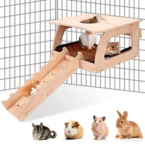 haldane guinea pig hideout - wooden small animal hideout with mat & ladder, ventilated small animal house with multiple doors for chinchilla guinea pig hamsters bunny