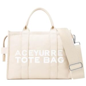 the medium tote bag for women, canvas crossbody purse handbag bags with zipper for work, school, travel(white)