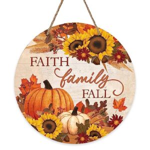 Deroro Faith Family Fall Pumpkin Sunflower Front Door Sign, Autumn Harvest Maple Leaf Wood Door Hanger Outdoor Outside Porch Decor, Farmhouse Thanksgiving Wooden Wreath Indoor Wall Hanging Decoration