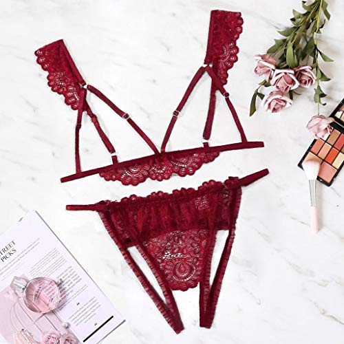 Lingerie for Women Sexy Naughty, Black Bodysuit Lingerie Bra and Panty Set Lengerie Costume Fashion Plus Size V-Neck Hollow Bra Thong Lingerie Set Underwear S-2Xl Lingerie Set (XXL, Red)