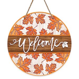 deroro welcome fall maple leaves sign for front door decor, autumn leaf rustic wood door hanger for outdoor outside porch, farmhouse thanksgiving wooden wreath indoor wall hanging decoration