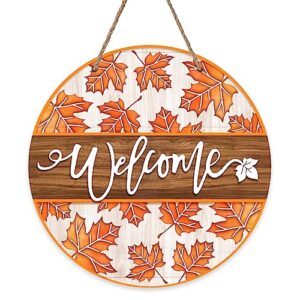 Deroro Welcome Fall Maple Leaves Sign for Front Door Decor, Autumn Leaf Rustic Wood Door Hanger for Outdoor Outside Porch, Farmhouse Thanksgiving Wooden Wreath Indoor Wall Hanging Decoration