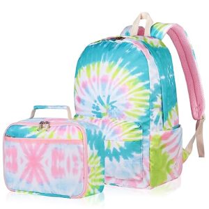 airyard girls backpack, kids backpack for school lightweight school backpack for teen girls bookbag set with lunch box (tie-dye colorful)