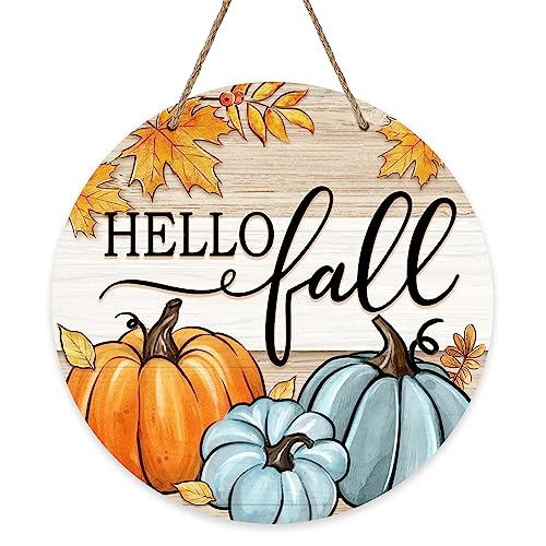 Deroro Hello Fall Pumpkin Patch Sign for Front Door Decor, Autumn Maple Leaves Rustic Wood Door Hanger for Outdoor Outside Porch, Farmhouse Thanksgiving Wooden Wreath Indoor Wall Hanging Decoration