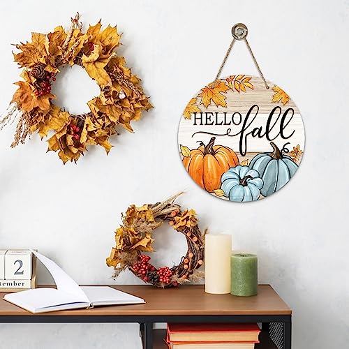 Deroro Hello Fall Pumpkin Patch Sign for Front Door Decor, Autumn Maple Leaves Rustic Wood Door Hanger for Outdoor Outside Porch, Farmhouse Thanksgiving Wooden Wreath Indoor Wall Hanging Decoration