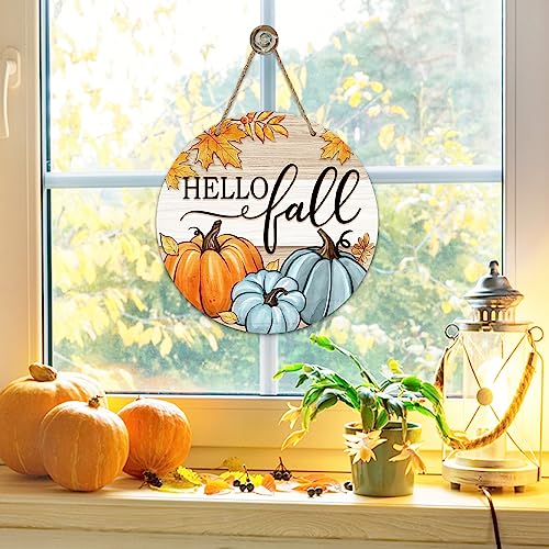 Deroro Hello Fall Pumpkin Patch Sign for Front Door Decor, Autumn Maple Leaves Rustic Wood Door Hanger for Outdoor Outside Porch, Farmhouse Thanksgiving Wooden Wreath Indoor Wall Hanging Decoration