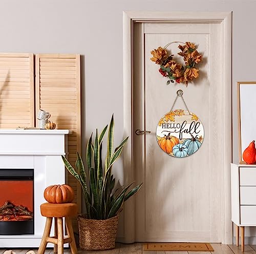 Deroro Hello Fall Pumpkin Patch Sign for Front Door Decor, Autumn Maple Leaves Rustic Wood Door Hanger for Outdoor Outside Porch, Farmhouse Thanksgiving Wooden Wreath Indoor Wall Hanging Decoration