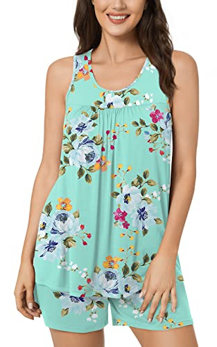 POPYOUNG 2023 Plus Size Women's Pajamas Sets, Summer Sleevelesss Tank Tops with Comfy Shorts, Lounge Sleepwear 2 piece Ladies Pjs Sets with Pockets 4XL, Mint Green