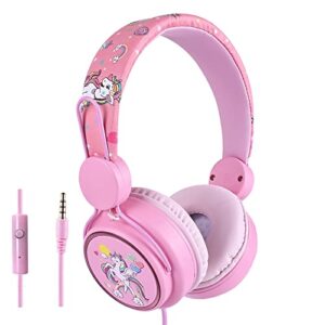 koraba unicorn headphones for kids/school, wired girls lightweight on ear headphones with microphone for online class/study (pink unicorn)