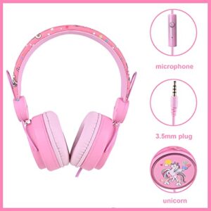 KORABA Unicorn Headphones for Kids/School, Wired Girls Lightweight On Ear Headphones with Microphone for Online Class/Study (Pink Unicorn)