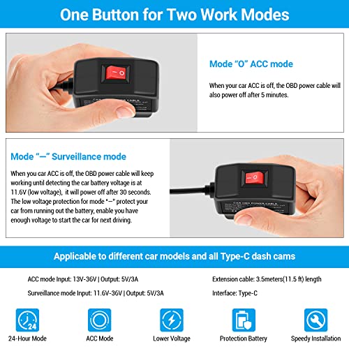 ssontong Upgraded OBD2 OBD Power Cable for Dash Camera, OBD to Type-C USB OBDII Adapter Hardwire Charger Cable 24 Hours Surveillance and Acc Two Mode with Switch Button (Type-C USB Port)