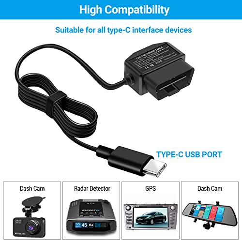 ssontong Upgraded OBD2 OBD Power Cable for Dash Camera, OBD to Type-C USB OBDII Adapter Hardwire Charger Cable 24 Hours Surveillance and Acc Two Mode with Switch Button (Type-C USB Port)