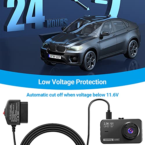 ssontong Upgraded OBD2 OBD Power Cable for Dash Camera, OBD to Type-C USB OBDII Adapter Hardwire Charger Cable 24 Hours Surveillance and Acc Two Mode with Switch Button (Type-C USB Port)