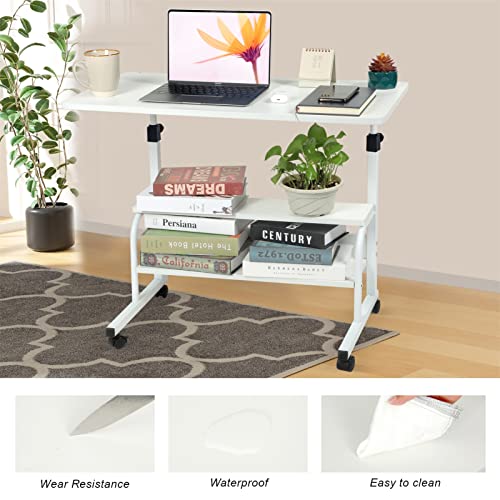 Small Desks Portable Laptop Computer Desk for Small Spaces Adjustable Desk Standing Desk for Bedrooms Couch Desk for Home Office Table Mobile Rolling Desk on Wheels 31.5" White Desk with Storage