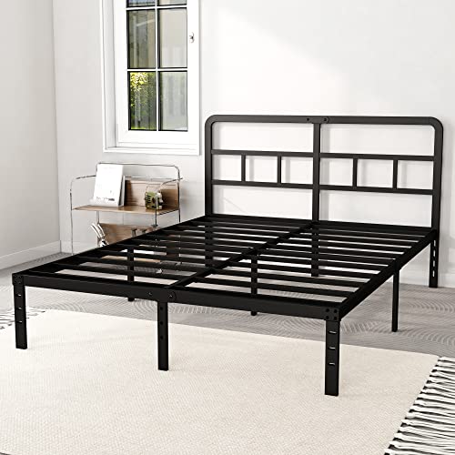 DiaOutro 14 Inch Full Size Bed Frame with Headboard No Box Spring Needed, Heavy Duty Metal Queen Size Platform with Steel Slat, Mattress Foundation, Easy Assembly, Noise Free, Black