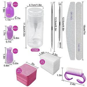 Gel Nail Polish Remover Tools Kit, 20 Toenail & Finger Nail Clips 120 Ml Push Down Pump Dispenser Bottle 200 Nail Remover Pads 200 Lint Free Nail Wipes Cuticle Pusher & Peeler Nail Brush 2 Nail Files