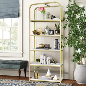 toocust 5-tier gold bookcase, 29.5" lx70.6 h, bookshelf for bedroom,gold book display shelf, arched bookcase, organizer rack for living room, gold freestanding display shelf,white and gold bookshelf