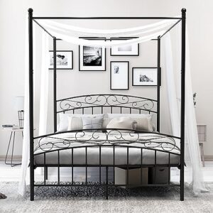 alazyhome queen canopy bed frame four-poster metal platform with headboard and footboard sturdy heavy duty steel slat support no box spring needed easy assembly black
