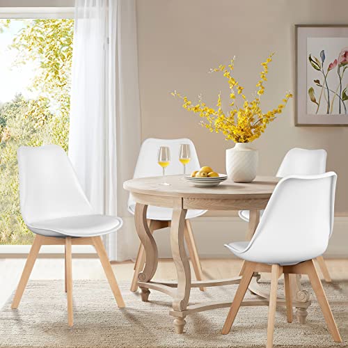 OLIXIS Dining Chairs Set of 4 Mid-Century Modern Dinning Chairs, Living Room Bedroom Outdoor Lounge Chair PU Leather Cushion and Wood Legs, White