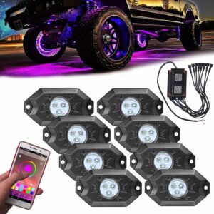 avenemark waterproof neon light 8 pods rgb led rock lights with bluetooth app control music modes timing function wheel well light for car truck atv suv boat