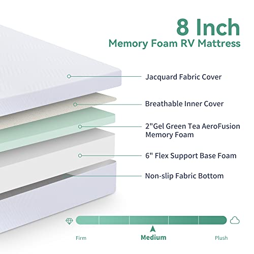 Opoiar RV Mattress 8" Short Queen,Green Tea Medium Firm Memory Foam Mattress in a Box,Pressure Relief,Campers/Trailers/Trucks Mattress in a Box,CertiPUR-US Certified,Made in USA