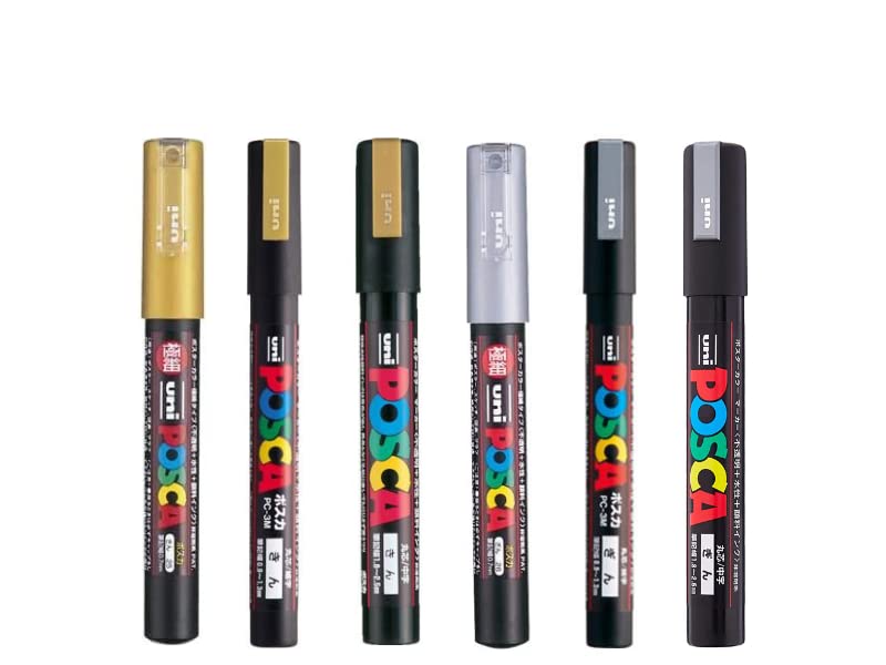 Posco Marker Sanetomo Posca Marker Acrylic Paint Pens Gold & Silver 2 Color Set Of 6 Pens PC-1M/PC-3M/PC-5M (Tip width 0.7mm/0.9～1.3mm/1.8〜2.5mm)