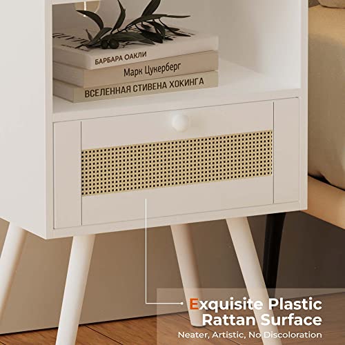 SUPERJARE Nightstands with Charging Station, Bedside Table Set of 2 with PE Rattan Drawers, Rattan Side Table with Storage & Solid Wood Feet, End Table for Bedroom, Living Room - White