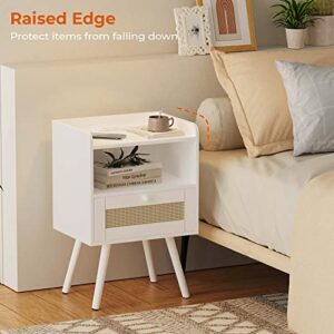 SUPERJARE Nightstands with Charging Station, Bedside Table Set of 2 with PE Rattan Drawers, Rattan Side Table with Storage & Solid Wood Feet, End Table for Bedroom, Living Room - White