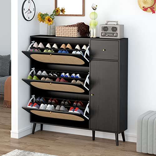 SSLine Shoe Cabinet with 3 Flip Down Storage Shelves Free-Standing Wide Shoe Rack Modern Black Wood Shoe Storage Cabinet Organizer with Rattan Decor,Drawer& Side Cupboard for Entryway Hallway Doorway