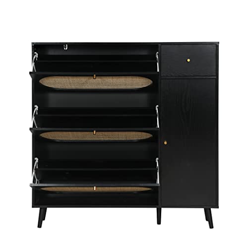 SSLine Shoe Cabinet with 3 Flip Down Storage Shelves Free-Standing Wide Shoe Rack Modern Black Wood Shoe Storage Cabinet Organizer with Rattan Decor,Drawer& Side Cupboard for Entryway Hallway Doorway