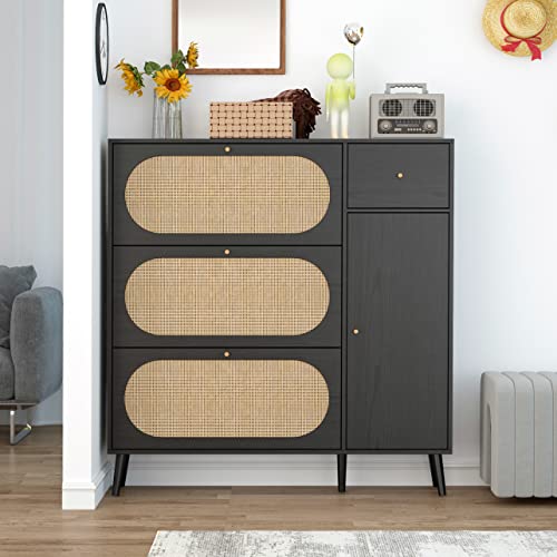 SSLine Shoe Cabinet with 3 Flip Down Storage Shelves Free-Standing Wide Shoe Rack Modern Black Wood Shoe Storage Cabinet Organizer with Rattan Decor,Drawer& Side Cupboard for Entryway Hallway Doorway