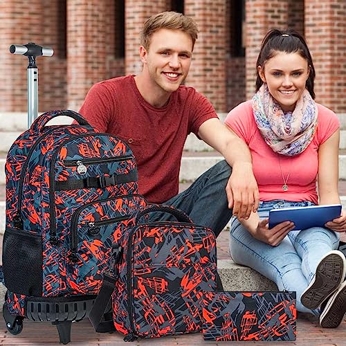 ZLYERT 3PCS Rolling Backpack for Boys, Travel Wheeled Backpacks for Adults, Teens College Roller Bookbag with Wheels for Men - Red