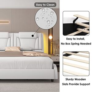 Keyluv Modern Upholstered Bed Frame with Adjustable LED Headboard, Pu Leather Platform Bed with Wave-Like Curve Design and Solid Wooden Slats Support, No Box Spring Needed, Noise Free, King, White