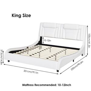 Keyluv Modern Upholstered Bed Frame with Adjustable LED Headboard, Pu Leather Platform Bed with Wave-Like Curve Design and Solid Wooden Slats Support, No Box Spring Needed, Noise Free, King, White