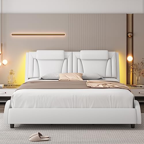 Keyluv Modern Upholstered Bed Frame with Adjustable LED Headboard, Pu Leather Platform Bed with Wave-Like Curve Design and Solid Wooden Slats Support, No Box Spring Needed, Noise Free, King, White