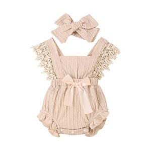 Douhoow Infant Baby Girl Plaid Romper Baby Short Sleeve Pleated Romper Bodysuit Summer Spring Outfits (Beige, 12-18 Months)