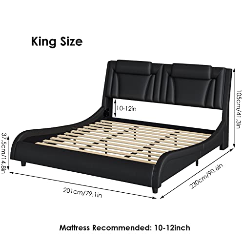 Modern Upholstered Bed Frame with Adjustable LED Headboard, Pu Leather Platform Bed with Wave-Like Curve Design and Solid Wooden Slats Support, No Box Spring Needed, Noise Free, King, Black