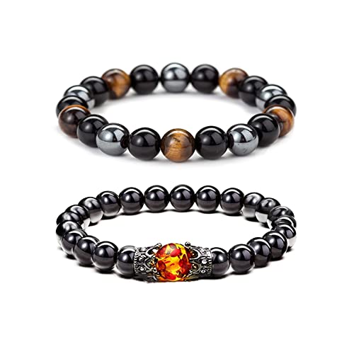 Black Obsidian Tiger Eye Bracelets for Men Women,Hematite Natural Stone Beaded Bracelets Handmade Healing Crystal Chakra Bracelet Good Luck Wealth Protection Bracelet b