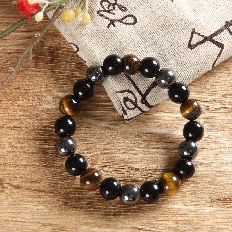 Black Obsidian Tiger Eye Bracelets for Men Women,Hematite Natural Stone Beaded Bracelets Handmade Healing Crystal Chakra Bracelet Good Luck Wealth Protection Bracelet b