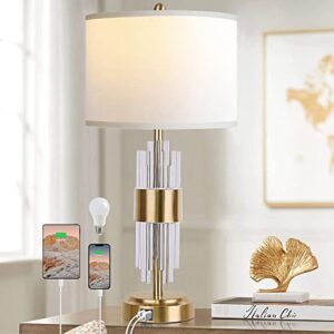 qimh gold table lamp for living room, bedside lamps for bedrooms with touch control usb ports, modern nightstand lamp white shade home lighting decor (2700k led bulb included)