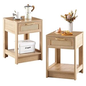 letesa rattan nightstands set of 2, with rattan decor drawer and open shelf, bed side tables with solid wood feet, end table, night stands, for bedroom, living room (2, natural-square)